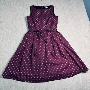 L.L. Bean Signature Dress Womens 6 Burgundy Cotton Fit Flare Belted Preppy Chic
